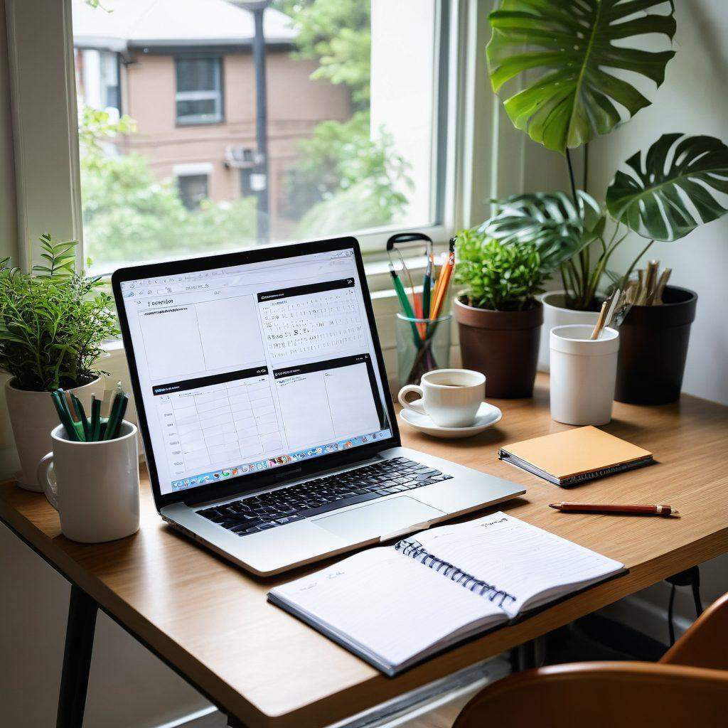 A serene workspace featuring a stylish desk with a laptop open to a planner app, surrounded by inspiring decor items like plants, a motivational quote poster, and a cup of coffee. Soft natural light cascades through a window, enhancing the atmosphere of productivity and relaxation. Include subtle hints of organization tools like notebooks and pens, showcasing a peaceful yet efficient lifestyle. super-realistic. vibrant colors. warm tones.