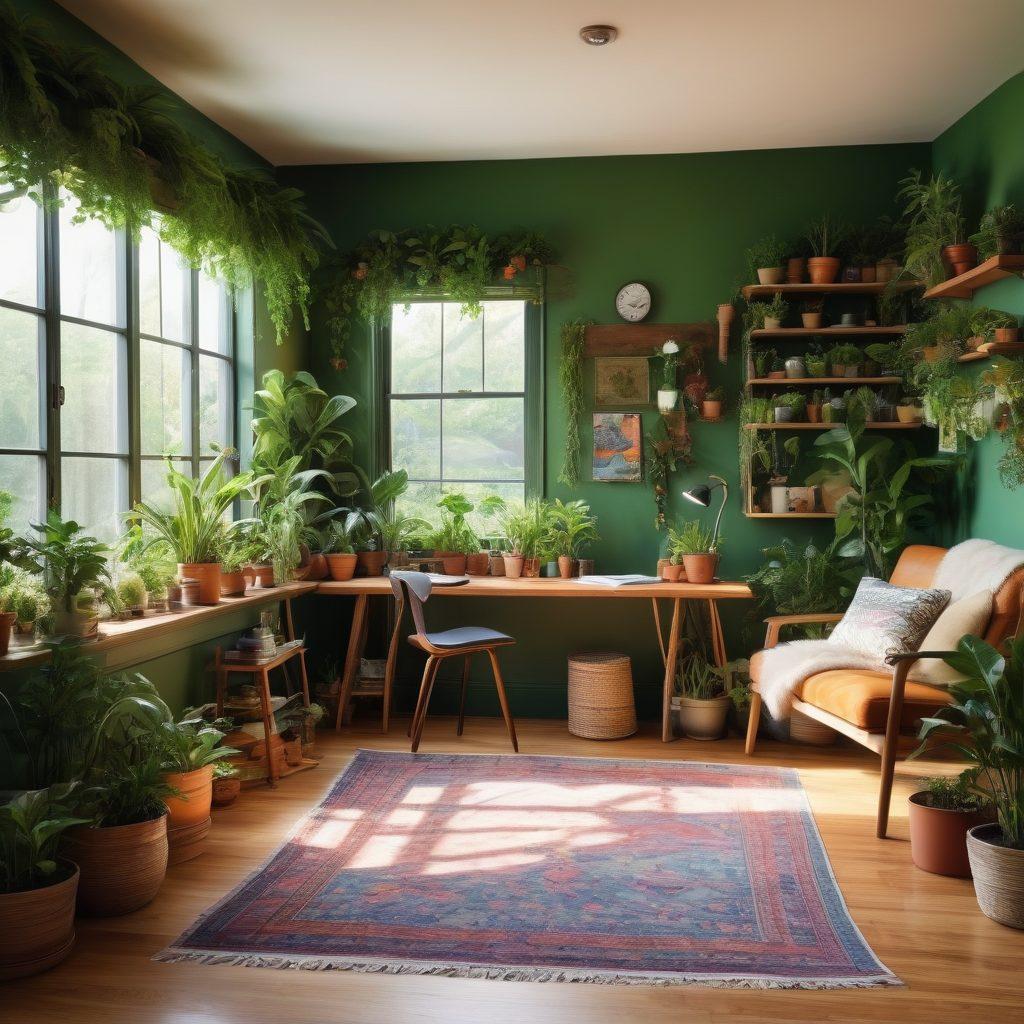 An inviting cozy home environment featuring a diverse group of people engaged in various DIY projects, surrounded by tools, blueprints, and plants. A bright, sunlit room filled with step-by-step guides and inspirational quotes on the walls, emphasizing a sense of community and creativity. Include vibrant colors and a warm ambiance. super-realistic. vibrant colors. cozy atmosphere.