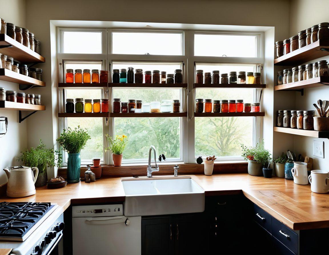 A serene and organized kitchen with a bright sunlit window, showcasing various simple life hacks like a hanging spice rack, labeled jars, and multi-functional tools. Include a cozy reading nook with an open book on life hacks beside a steaming cup of tea. The setting radiates warmth and simplicity, inviting a sense of effortless living. vibrant colors. super-realistic.